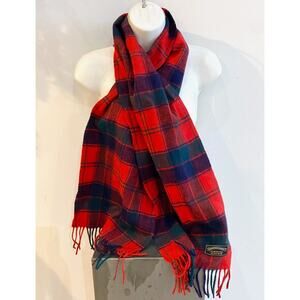 JAMES PRINGLE WEAVERS Red Blue Green 100% Pure New Wool Plaid Scarf w Fringe